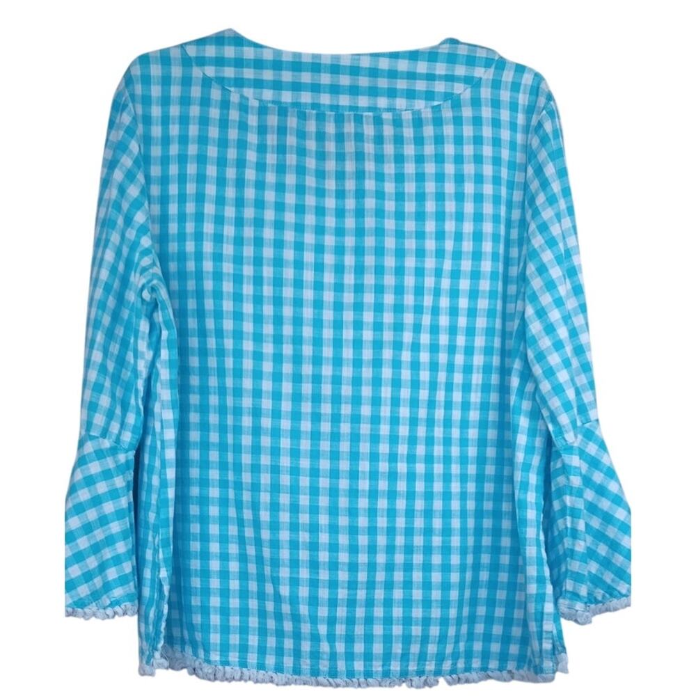 Life Style Petite Large Teal Gingham V-Neck Tunic Top with Fringe Hem Summer - Picture 3 of 7